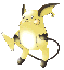 Pixelated yellow creature with brown-tipped ears and tail, white belly, and black feet, shown in two sequential poses with mouth open in second pose.