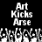 Black background with white pixelated text reading "Art Kicks Arse" repeated twice, below which is a horizontal of grayscale pixelated figures in various poses