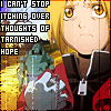 Anime-style character with blonde hair and yellow eyes in red-and-black jacket, holding a chain, against golden background with green figure.