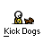 Animated contact sheet showing 10 frames of a pixel art icon featuring a stick figure kicking dogs with text "Kick Dogs" and occasional "ARF!" text above the dog.