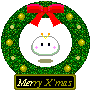 Green wreath with red bow and yellow ornaments surrounds a white cartoon face; black banner below reads 'Merry X'mas' in stylized text.