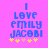 Pixelated blue text on pink background reads "I LOVE EMILY JACOBI" with yellow and light orange stars below, two versions differ in star color order.