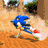 Blue anthropomorphic hedgehog in running pose on sandy terrain with greenery, next to full-body close-up of same character.