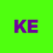 Green background with purple pixelated letters KE in the center.