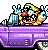Pixelated image of a character with brown hair and red cheeks riding a purple vehicle with a blue and white striped structure on top.