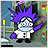 Pixelated character with spiky purple hair, white lab coat, and black pants stands against a blurred multicolored background.