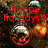 Red pixelated text 'Happy holidays!!' overlaid on a dark brown background with three pixelated holiday ornaments.
