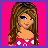 Pixel art of a female character with long brown hair, blue eyes, and red polka-dot top against pink background.