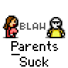 A 4-frame animated contact sheet showing pixel art characters with text "Parents Suck" beneath them, featuring a girl in red and a yellow stick figure against gray background.