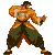 Pixel art animation of a muscular character in orange and green attire performing sequential martial arts poses against a gray background.