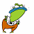 A pixelated cartoon character in orange pants and a green top holding a large green object with blue accents, next to green text reading "Original Icons .com" on a dark background.
