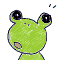 Green cartoon frog with black eyes displays multiple expressions and text variations in a
