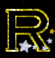 A black background displays six golden 'R' letters with white and yellow star decorations, arranged in two of three
