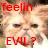 Pixelated image of a light-colored cat with closed eyes, overlaid with red text reading "FEELIN" at top and "EVIL?" at bottom.