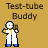 Animated contact sheet showing 20 frames of a pixel art buddy icon with a scientist character and test-tube animation sequence on brown background.