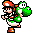 Pixel art of Mario carrying Yoshi in various walking poses, each frame showing slight movement differences.