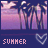 Pixelated summer scene with palm trees, pink-purple sky, and 'SUMMER' text in four variations showing animation changes.