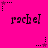 Bright pink background with repeated black text 'rachel' and star-shaped icons with dotted lines in various positions.