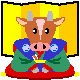 Animated sequence of a cartoon cow in traditional attire with changing facial expressions and effects against a yellow striped background.