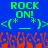 Blue background with green pixelated text 'ROCK ON!' above two identical guitar pick shapes, each containing a plus sign and underscore. Red pixelated flames fill the bottom.