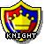 Pixelated shield-shaped icon with yellow border, red and blue background sections, golden crown symbol, and 'KNIGHT' text below.