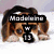 A dog with brown and black fur lies on white fabric, overlaid with text elements including 'Madonna' and 'W 19' in black and white pixelated font.
