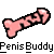 Pixelated pink bone-shaped icon with black outline and white highlights, positioned above bold black-and-white text reading 'PenisBuddy' on gray background.