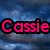 Pixelated text 'Cassie' in bright pink with black outline against blue gradient background.