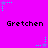 Pixelated text 'Gretchen' repeated across a bright magenta background with cyan and purple star-shaped animations.