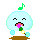 Pixelated light blue spherical character with closed eyes and brown ground base, displaying multiple expressions while holding musical instruments or objects.