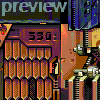 Pixel art preview of a mechanical structure with orange cylindrical elements, purple and brown panels, and visible text "53G" on a dark background.