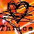 Pixelated abstract composition with warm orange, red, and yellow tones forming fragmented shapes against a blurred background.