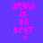 Pixelated text 'JIYRA IS DA BEST' in pink with a small heart, displayed on purple background with green rectangular overlays shifting position across frames.