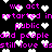 Pixelated text and white heart shapes repeat across a black background in a static pattern.