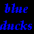 Blue rubber duck with black horns and orange beak on white background, text "blue are ducks evil!" in blue pixelated font above.