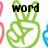Green stylized hand icon with 'WORD' text above it on a white background with faint colored pixels.