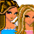 Pixelated cartoon-style animation frames showing two female characters in blue and pink tops with jeans, displaying facial expressions and body poses across sampled frames.