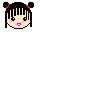 Pixelated cartoon head with black hair in two buns, pink hair ties, and a light skin tone face showing open eyes on the left frame.
