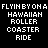 Animated pixel art displays repeated text 'FLIINBIYONHA HAWAIIAN ROLLER COASTER RIDE' with pink accents and small stars on black background.