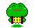 A 4-frame pixel art animation of a green frog-like character with pink cheeks and mouth, holding yellow objects between brown poles across four sampled frames in a contact sheet layout.