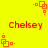 Yellow background with red pixelated text 'Chelsey' and orange square-based icons in four positions, alternating between two distinct icon states.