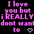 Pixelated pink text on black background reads "I love you but i REALLY dont want to" with two heart symbols below.