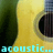 A static pixelated image shows a yellow acoustic guitar body with a dark soundhole and strings, set against a green background with blue text reading 'acoustic...' at the bottom.