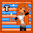 Pixel art of a character with long orange hair, white shirt, black checkered pants, and black arm sleeves against striped background with stars.