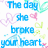 Pixelated blue text reads "The day she broke your heart" with "I smiled" on the right, surrounded by pink and blue hearts and green leafy shapes.