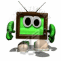 Green screen robot with brown frame, two antennae, green arms, and stone-like feet in various poses.