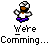 Pixelated character with brown skin, white shirt, purple pants, and white cap; red symbols above head change across frames while text below reads 'Were Comming...'.
