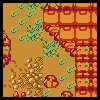 Pixel art scene with orange background, green vines, and red-brown structures resembling game environments or buildings.