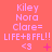 Pixelated pink text on coral background shows Kiley Nora Clare= LIFE+BFFL!! with <3 symbol, varying small symbols below each text block.