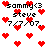 Pixelated red hearts scatter across a white background with repeated text 'sammy<3 steve 7/7/07.' in black pixel font.